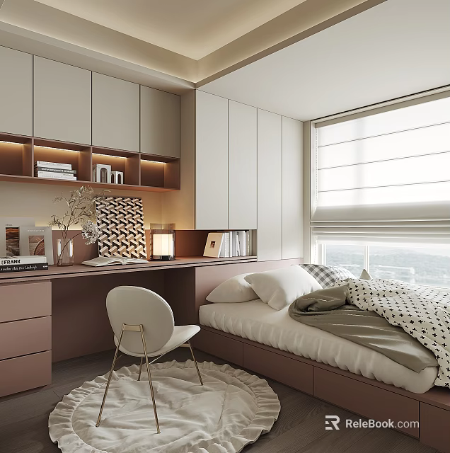 Modern Tatami Bedroom Interior Design With Tatami Bed Desk Bookshelves Cabinets And Window Blinds 3d model 