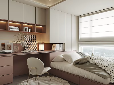 Modern Tatami Bedroom Interior Design With Tatami Bed Desk Bookshelves Cabinets And Window Blinds 3d model