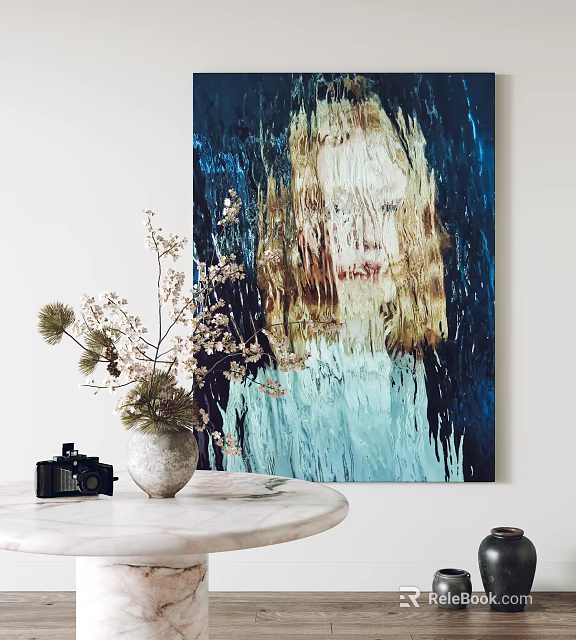 Abstract Painting with Figure in Blue Dark Tones on Marble Table with Vase and Camera 3d model 