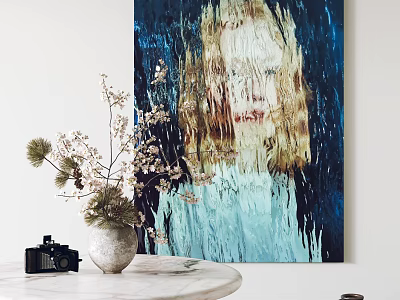 Abstract Painting with Figure in Blue Dark Tones on Marble Table with Vase and Camera 3d model