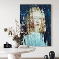 Abstract Painting with Figure in Blue Dark Tones on Marble Table with Vase and Camera