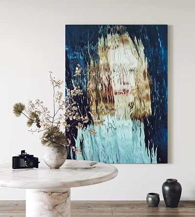 Abstract Painting with Figure in Blue Dark Tones on Marble Table with Vase and Camera 3d model