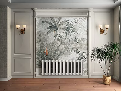 Elegant Bedroom Accent Wall With Palm Tree Mural Wall Sconces And Radiator 3d model
