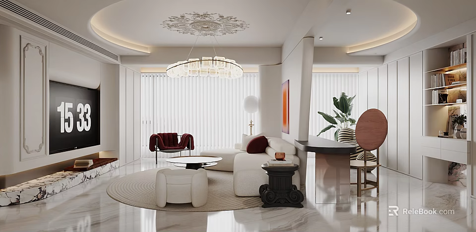 Elegant Modern Living and Dining Room Interior Design With Chandelier Sofa Dining Table And Plants 3d model 