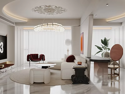 Elegant Modern Living and Dining Room Interior Design With Chandelier Sofa Dining Table And Plants 3d model