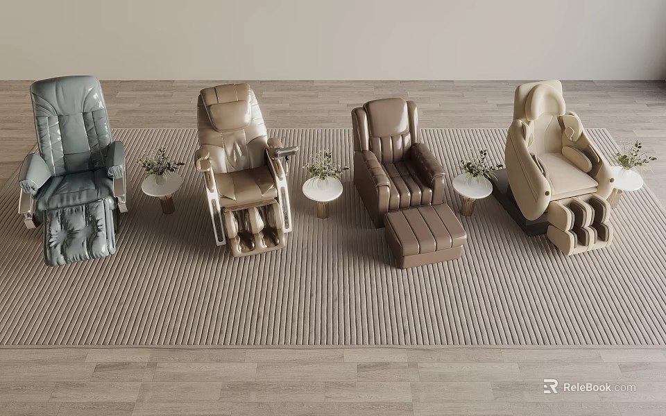 Various Colored Massage Chairs In Modern Indoor Space With Side Tables And Plants 3d model 