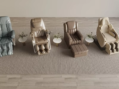 Various Colored Massage Chairs In Modern Indoor Space With Side Tables And Plants 3d model
