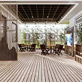 Cozy Outdoor Leisure Area With Wooden Tables Chairs Pendant Lights And Green Bamboo Plants