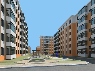 Modern Multi story Residential Building Exterior With Orange White Facade And Central Fountain Plaza 3d model