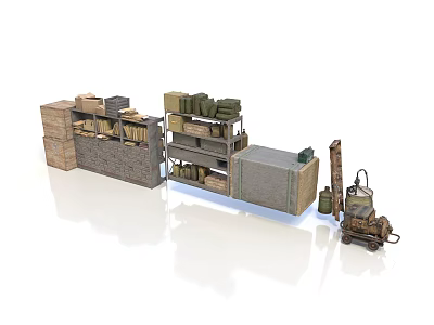 Warehouse Storage Area With Shelves Wooden Crates Green Boxes And Forklift 3d model