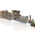 Warehouse Storage Area With Shelves Wooden Crates Green Boxes And Forklift