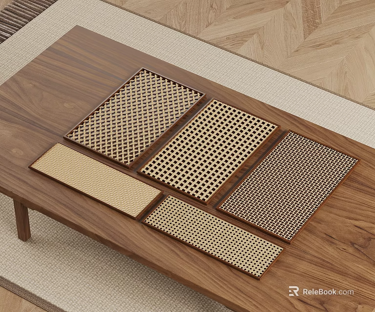 Wooden Coffee Table With Various Textured Metal Mesh Mats On Carpet And Wooden Floor 3d model 
