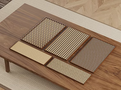Wooden Coffee Table With Various Textured Metal Mesh Mats On Carpet And Wooden Floor 3d model