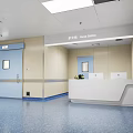 Hospital Elevator Hallway Interior With Blue Doors Light-Colored Walls Blue Flooring And Ceiling Lights