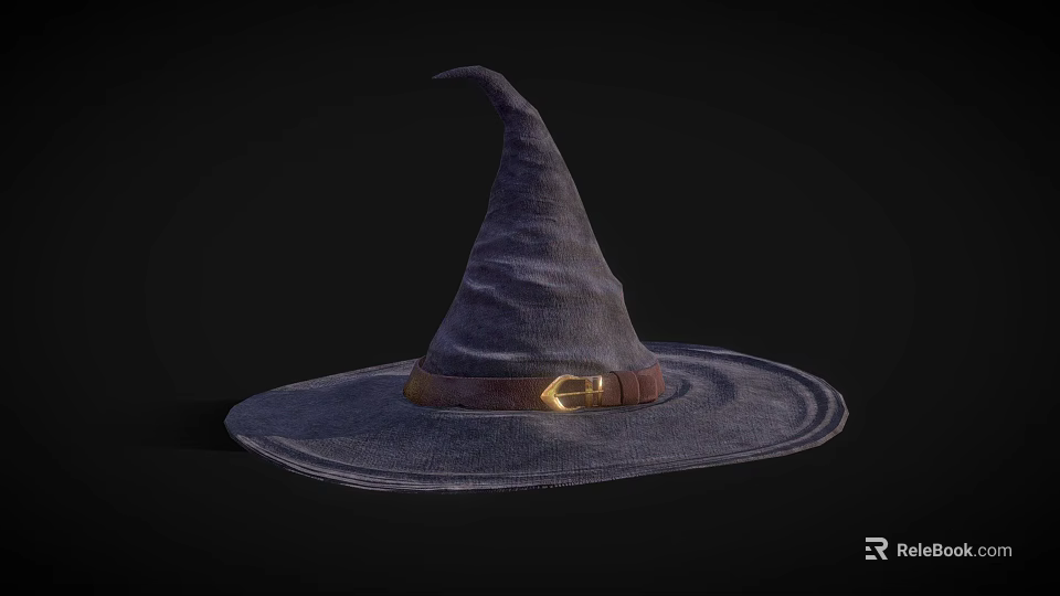 Pointed Top Witch Hat With Wide Brim Brown Belt And Golden Buckle On Black Background 3d model 