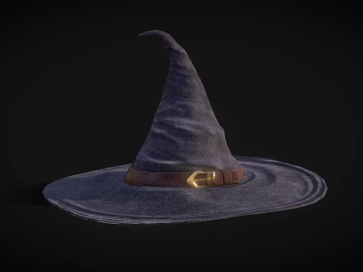 Pointed Top Witch Hat With Wide Brim Brown Belt And Golden Buckle On Black Background 3d model