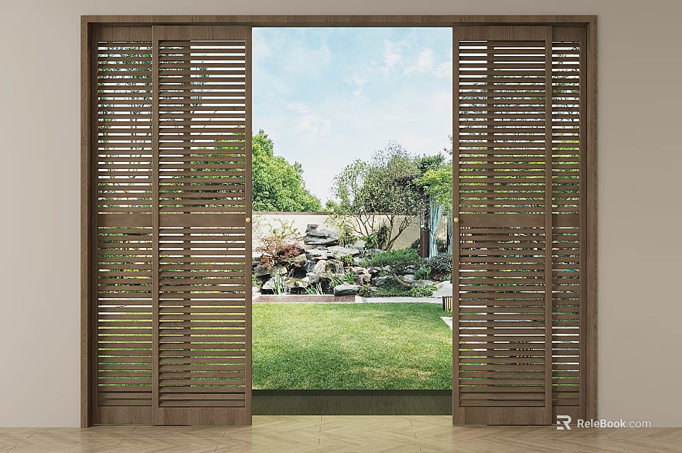 Wooden Louvered Sliding Doors Open To Garden With Green Lawn And Trees 3d model 