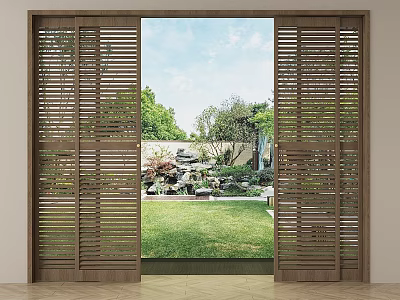 Wooden Louvered Sliding Doors Open To Garden With Green Lawn And Trees 3d model