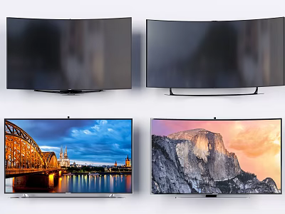 Modern Curved and Flat Screen Televisions Displaying City Night View and Mountain Landscape 3d model