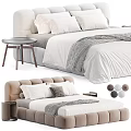 Modern Double Bed With Beige Upholstered Headboard White Bedding And Gray Throw Blanket