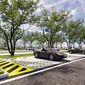 Outdoor Parking Lot With Green Trees Grassy Areas Parked Cars And Yellow Warning Stripes