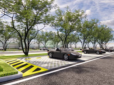Outdoor Parking Lot With Green Trees Grassy Areas Parked Cars And Yellow Warning Stripes 3d model