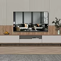 Modern White and Wooden TV Stand with Decorative Fruits Plant on Wooden Striped Wall