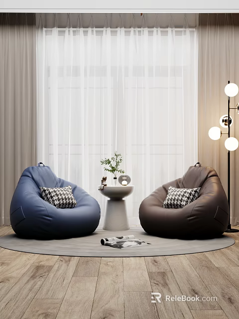 Blue And Brown Bean Bag Chairs With Checkered Pillows Round Table Green Plant Floor Lamp 3d model 