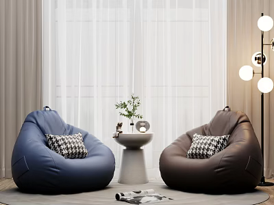 Blue And Brown Bean Bag Chairs With Checkered Pillows Round Table Green Plant Floor Lamp 3d model
