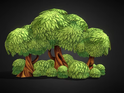 Cartoon Scene Featuring Lush Green Trees With Brown Trunks And Small Bushes 3d model