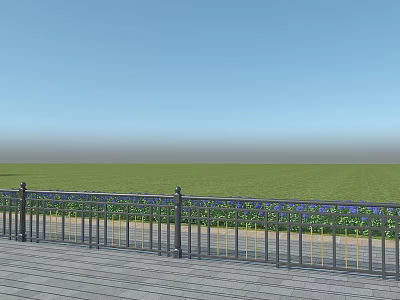 Black Iron Decorative Fence With Blue Flowers Along Green Grass On Wooden Deck 3d model