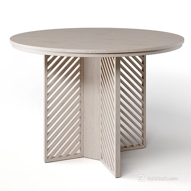 Stylish Light Colored Round Wooden Dining Table With Modern Geometric Lattice Leg Structure 3d model 