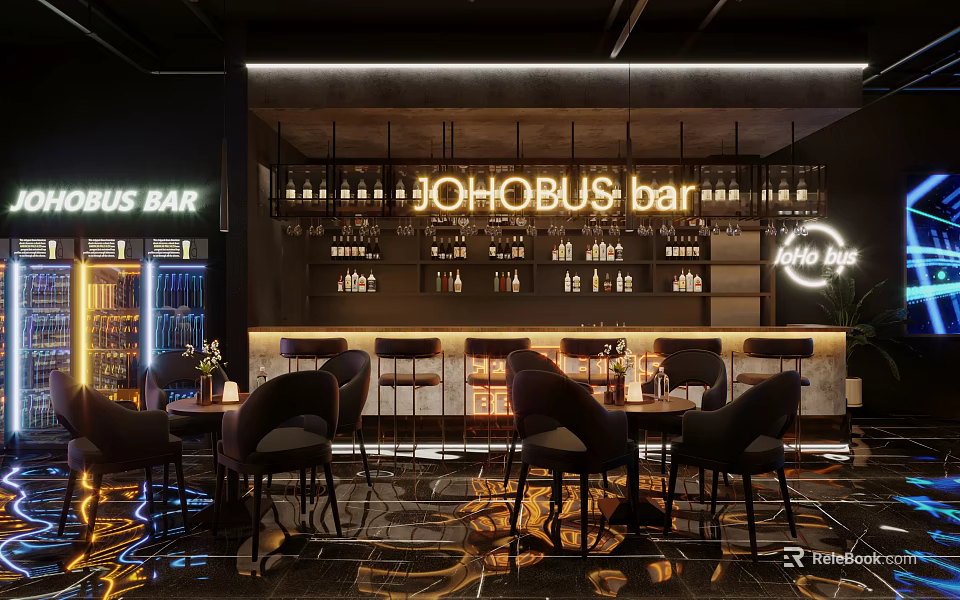 Modern JOHOBUS Bar Interior With Seats And Liquor Shelves 3d model 