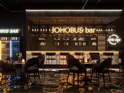 Modern JOHOBUS Bar Interior With Seats And Liquor Shelves 3d model