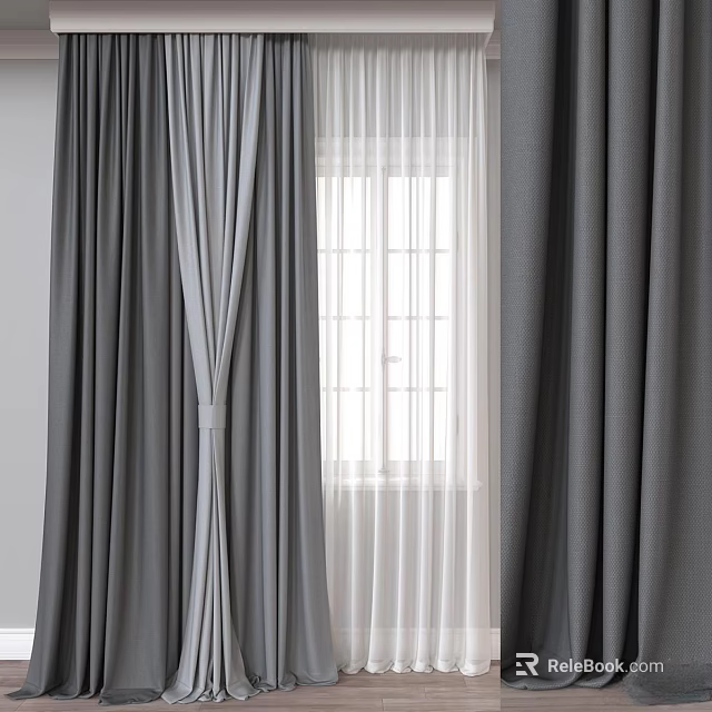 Gray Curtains Paired with White Sheer Curtains for Natural Light Window Interior 3d model 