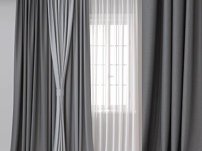 Gray Curtains Paired with White Sheer Curtains for Natural Light Window Interior 3d model