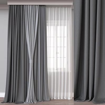 Gray Curtains Paired with White Sheer Curtains for Natural Light Window Interior 3d model