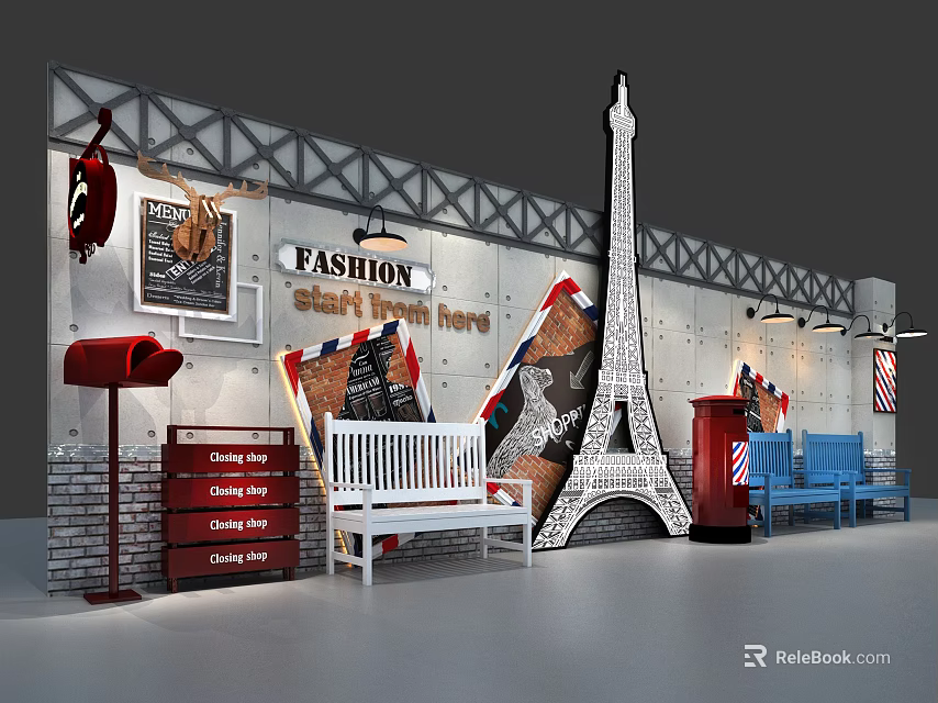 Fashion Storefront Window Featuring Eiffel Tower Decoration White Bench Red Mailbox And Vintage Elements 3d model 
