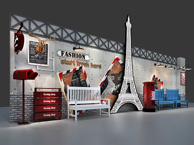 Fashion Storefront Window Featuring Eiffel Tower Decoration White Bench Red Mailbox And Vintage Elements 3d model