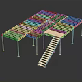 Modern Metal Grid Frame Structure With Lattice Roof And Wooden Staircase Design