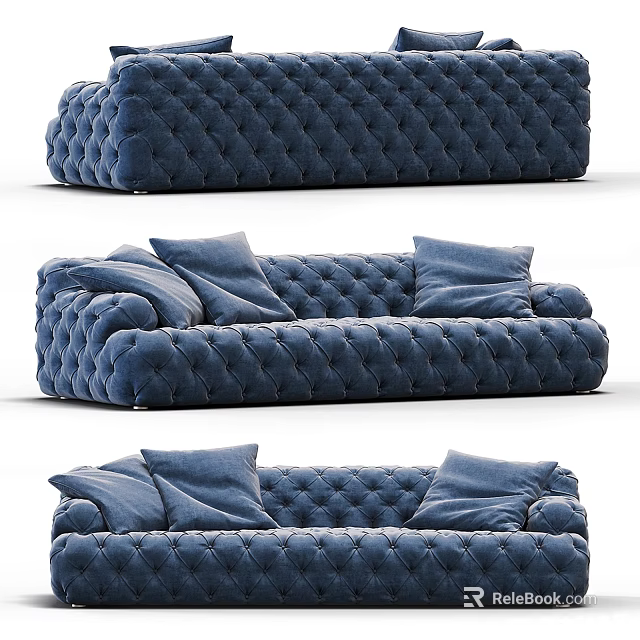 Blue Velvet Multi Seater Sofa With Tufted Design And Soft Throw Pillows 3d model 