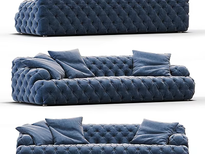 Blue Velvet Multi Seater Sofa With Tufted Design And Soft Throw Pillows 3d model