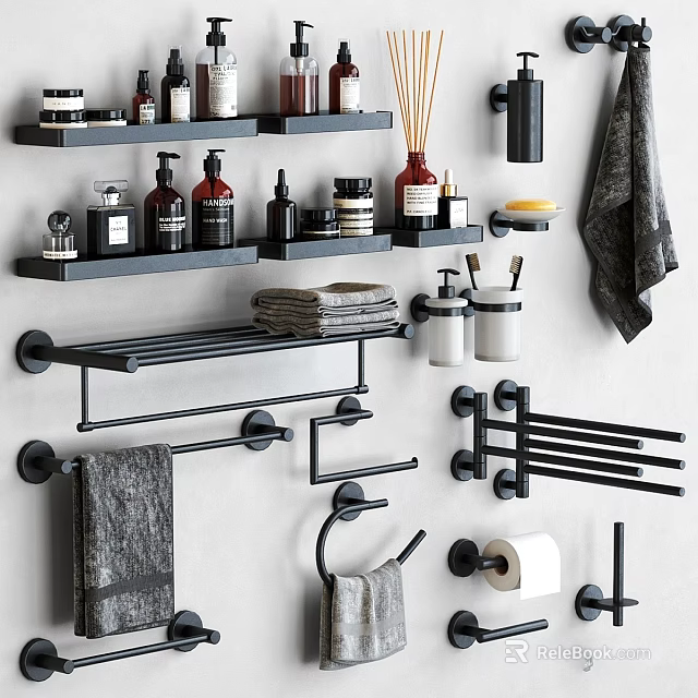 Bathroom Essentials Storage with Shelves Bottles Towels and Black Fixtures Towel Racks 3d model 