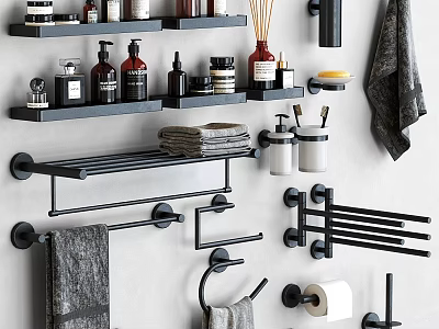 Bathroom Essentials Storage with Shelves Bottles Towels and Black Fixtures Towel Racks 3d model