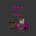 Rustic Furniture Shelves And Wooden Crate With Ceramic Vases Potted Plants And Picture Frame