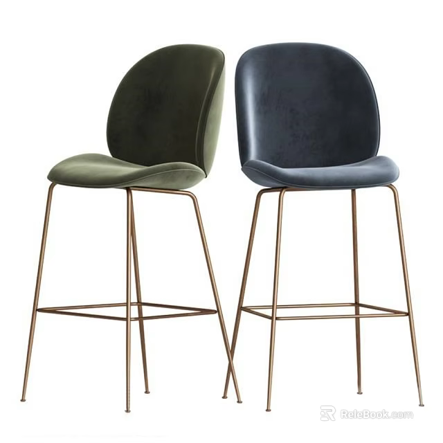 Two Green And Navy Blue Velvet Bar Stools With Brass Metal Legs 3d model 