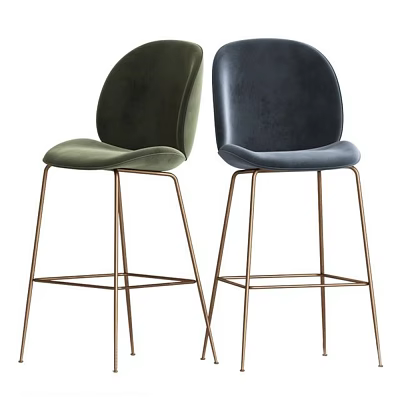 Two Green And Navy Blue Velvet Bar Stools With Brass Metal Legs 3d model