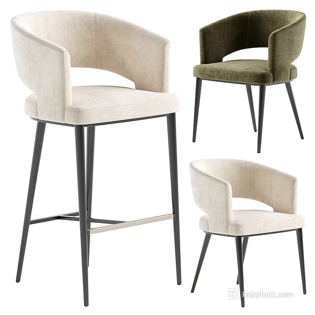 Modern Stylish Bar Stools With Beige Green Upholstery And Black Metal Legs 3d model 