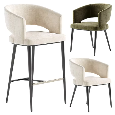 Modern Stylish Bar Stools With Beige Green Upholstery And Black Metal Legs 3d model