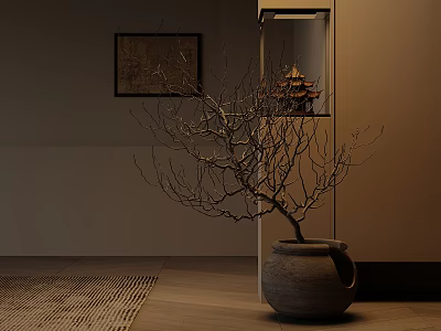 Bonsai Tree in Gray Ceramic Pot with Wall Painting and Glass Display Cabinet 3d model